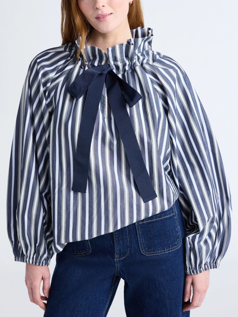 SOLD ~ Free Assembly Blue & White Striped Ruffle Collar Balloon Sleeve Blouse